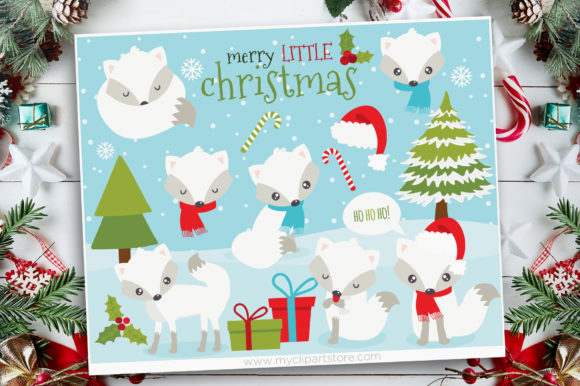 Christmas White Fox Clipart Illustrations