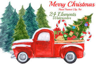 Watercolor Christmas Truck Clipart Illustrations