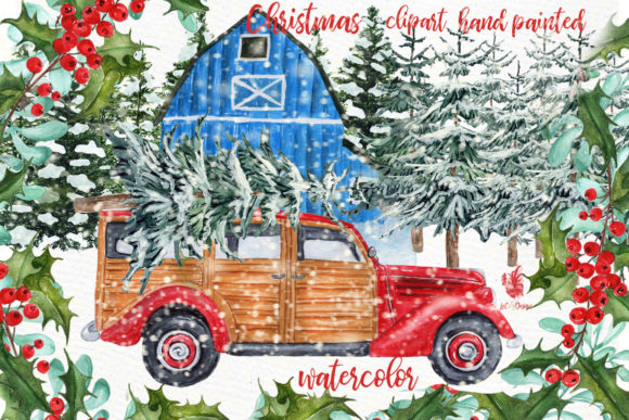 Watercolor Christmas Vintage Car Clipart Illustrations