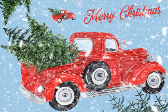 Watercolor Red Christmas Truck Clipart: Illustrations That Deliver Editorial Warmth